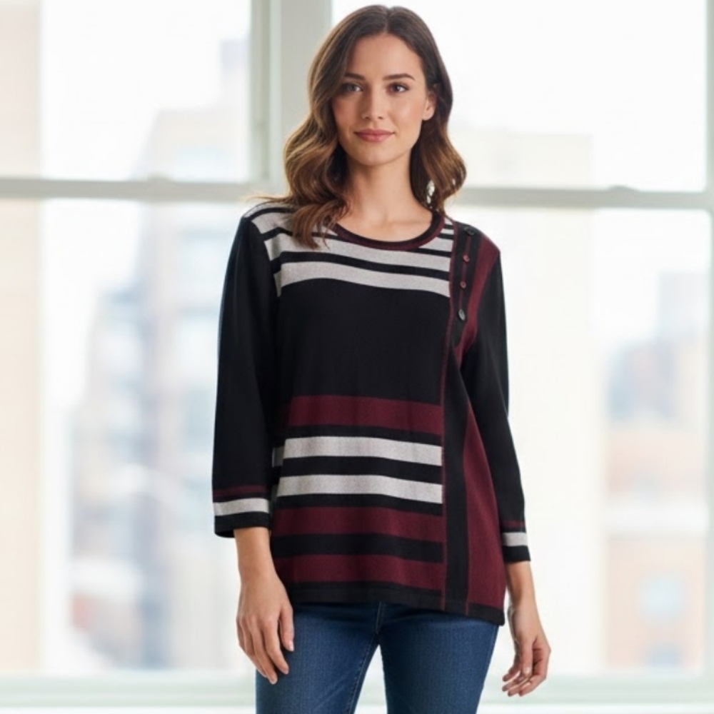 Alia Petite Graphic Color-block Top - Black, Burgundy & Grey, Size L